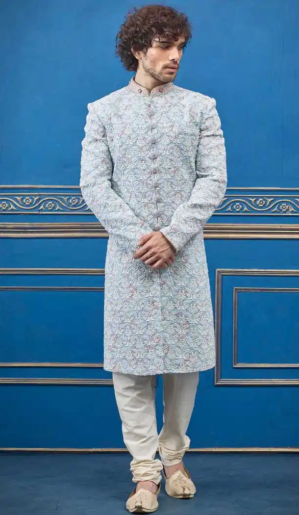 Light Grey Color Pure Silk Heavy Wedding Wear Men Premium Sherwani -8692104311