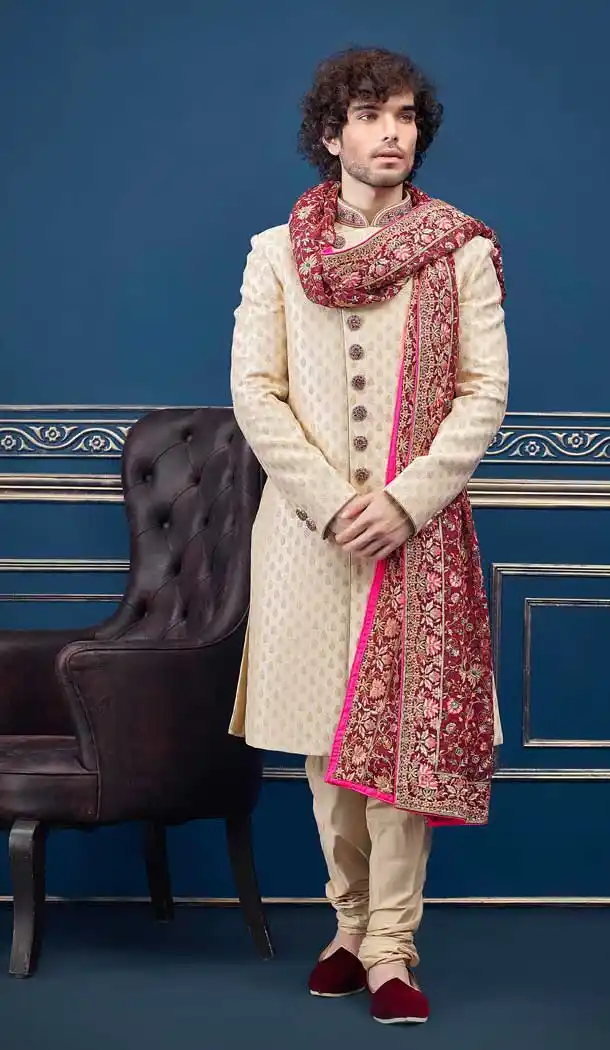Cream Color Jacquard Heavy Bridal Wedding Wear Men Premium Sherwani -8693104314
