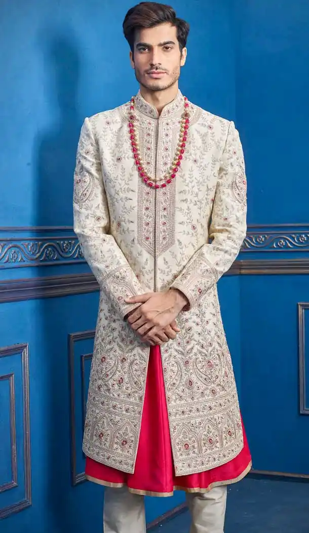 Classy Cream Color Pure Silk Heavy Bridal Wedding Wear Men Premium Sherwani -8693104315
