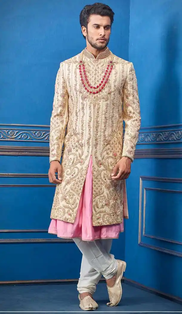 Contemporary Gold Color Pure Silk Heavy Bridal Wedding Wear Men Premium Sherwani -8693104317