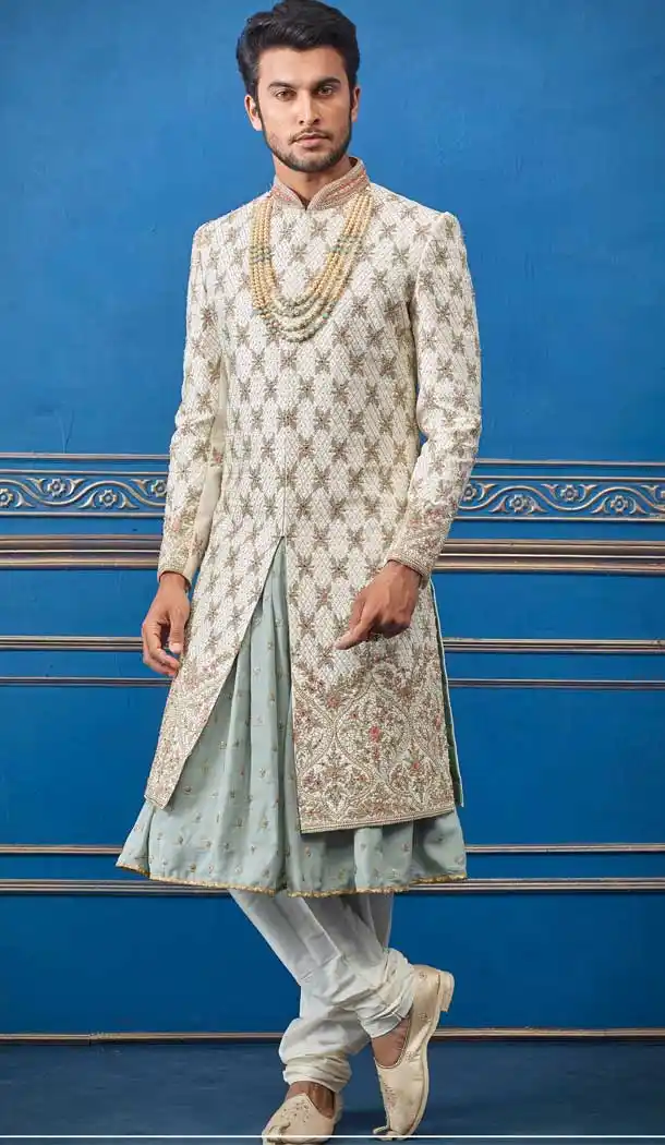 Gleaming Cream Color Pure Silk Heavy Bridal Wedding Wear Men Premium Sherwani -8693104318