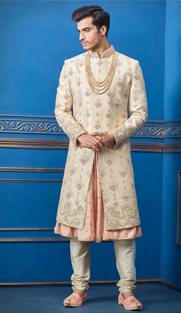 Scintillating Gold Color Pure Silk Heavy Bridal Wedding Wear Men Premium Sherwani -8693104319