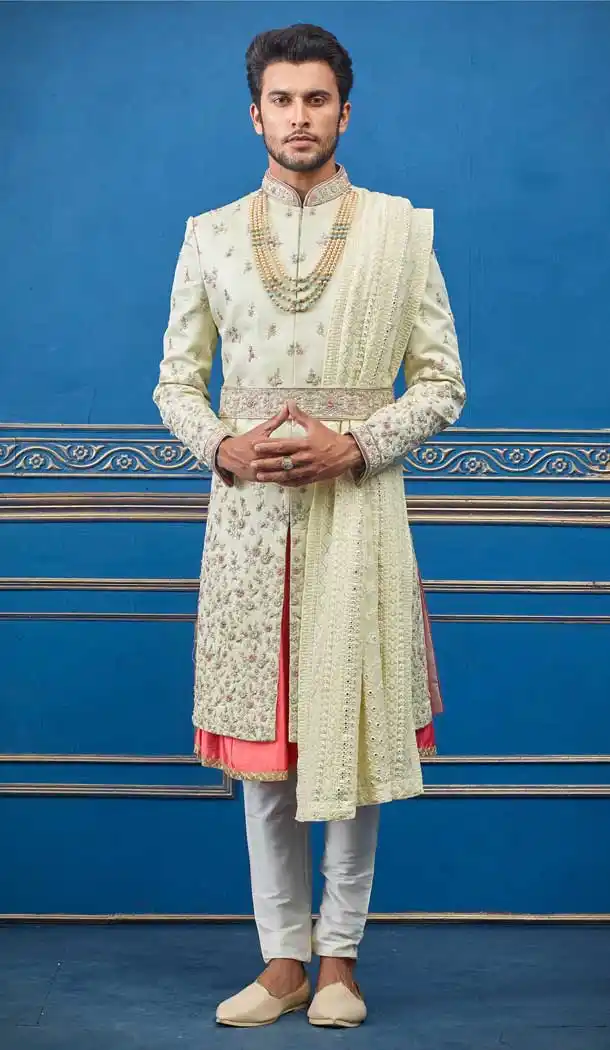 Exotic Lemon Color Pure Silk Heavy Bridal Wedding Wear Men Premium Sherwani -8693104320