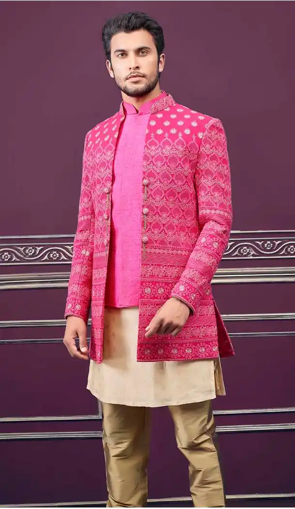 Rani Color Pure Silk Heavy Bridal Wedding Wear Men Premium Sherwani -8693104321