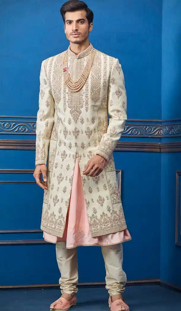 Aesthetic Cream Color Pure Silk Heavy Bridal Wedding Wear Men Premium Sherwani -8693104322