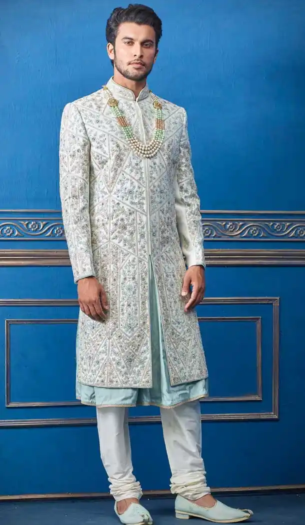 Off White Color Pure Silk Heavy Bridal Wedding Wear Men Premium Sherwani -8693104325