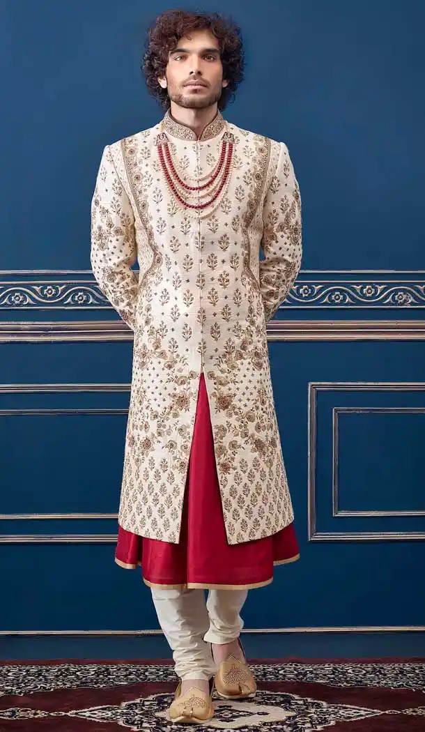 Ravishing Cream Color Pure Silk Heavy Bridal Wedding Wear Men Premium Sherwani -8693104326