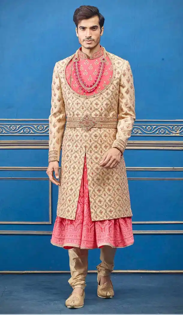 Charming Gold Color Pure Silk Heavy Bridal Wedding Wear Men Premium Sherwani -8693104328