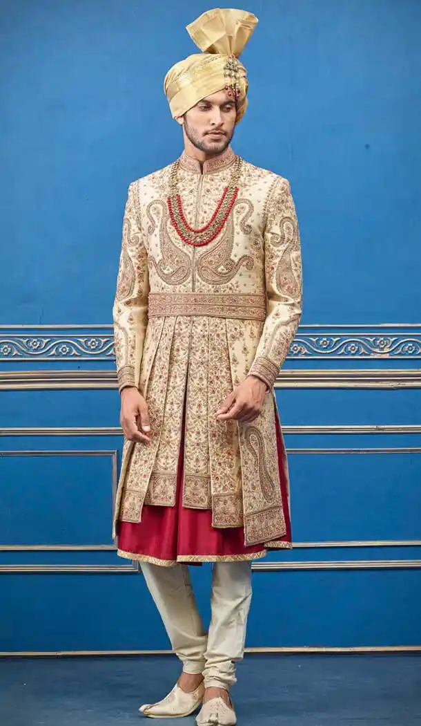 Exquisite Gold Color Pure Silk Heavy Bridal Wedding Wear Men Premium Sherwani -8693104330