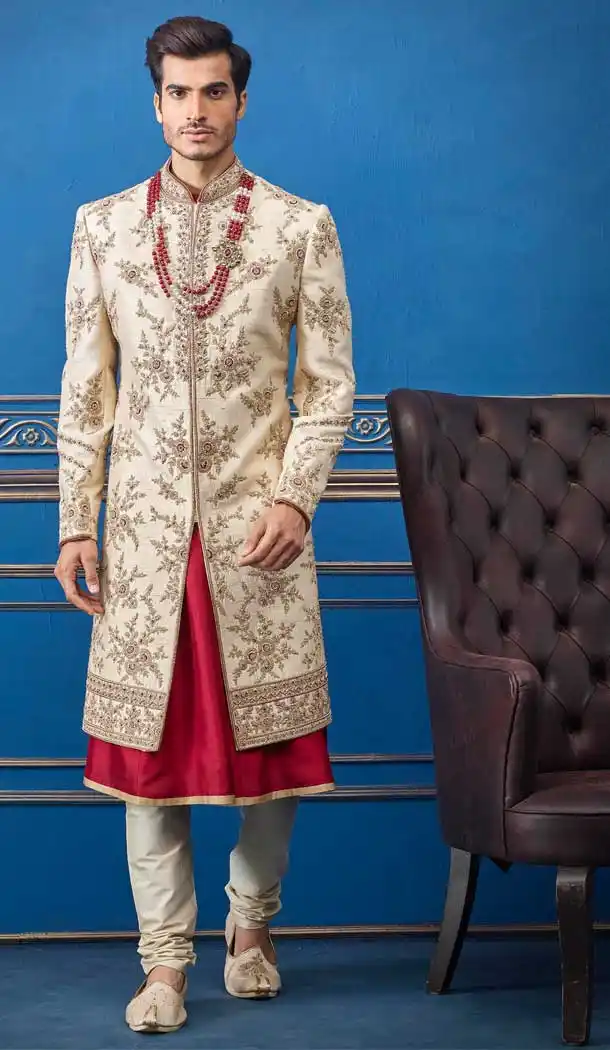 Ravishing Cream Color Pure Silk Heavy Bridal Wedding Wear Men Premium Sherwani -8693104332