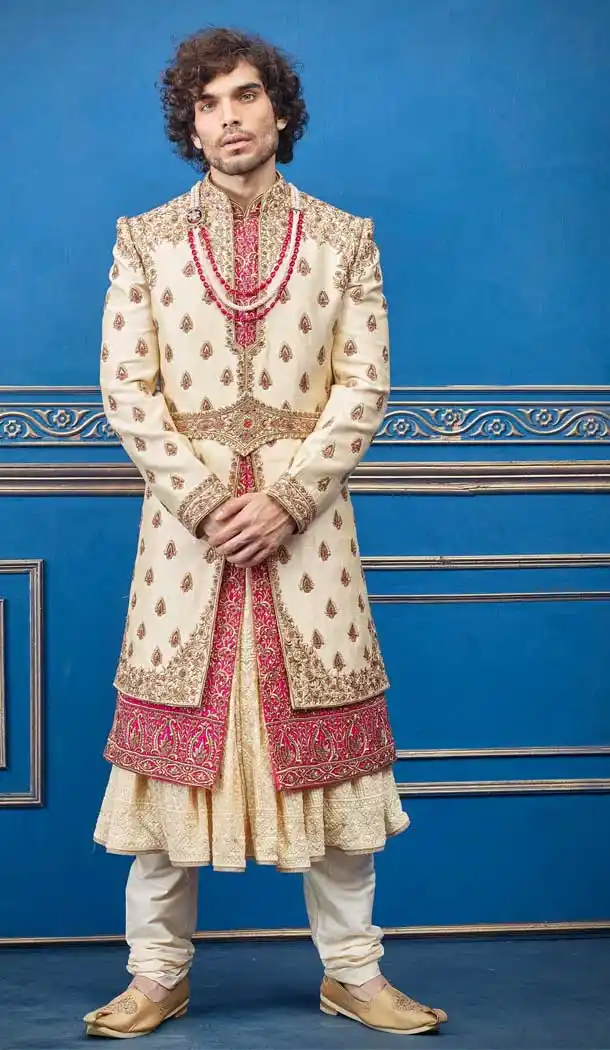 Exquisite Gold Color Pure Silk Heavy Bridal Wedding Wear Men Premium Sherwani -8693104333