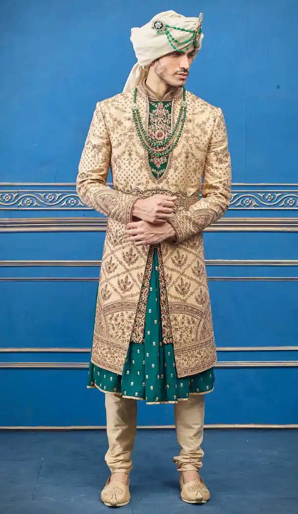 Tantalizing Gold Color Pure Silk Heavy Bridal Wedding Wear Men Premium Sherwani -8693104334