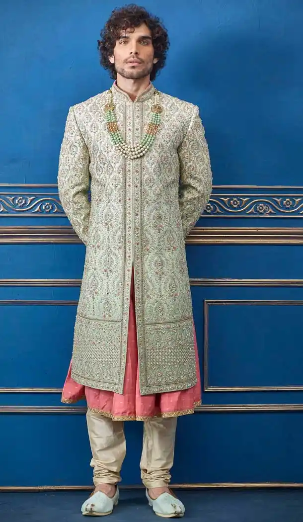 Captivating Pista Color Pure Silk Heavy Bridal Wedding Wear Men Premium Sherwani -8693104336