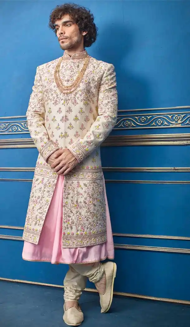 Glamorous Cream Color Pure Silk Heavy Bridal Wedding Wear Men Premium Sherwani -8693104337