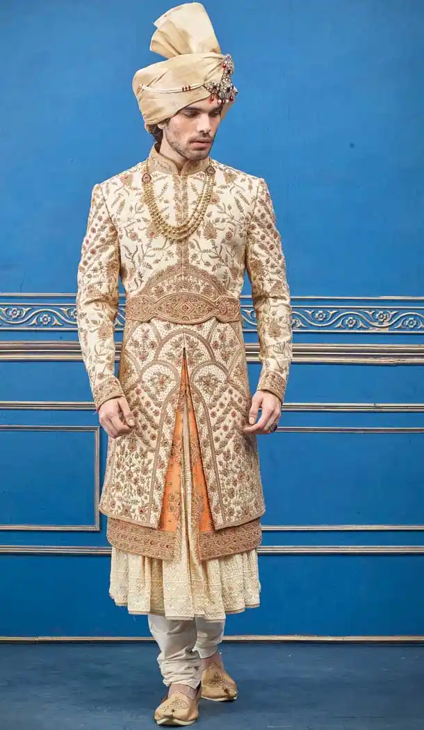 Gold Rust Color Pure Silk Heavy Bridal Wedding Wear Men Premium Sherwani -8693104338