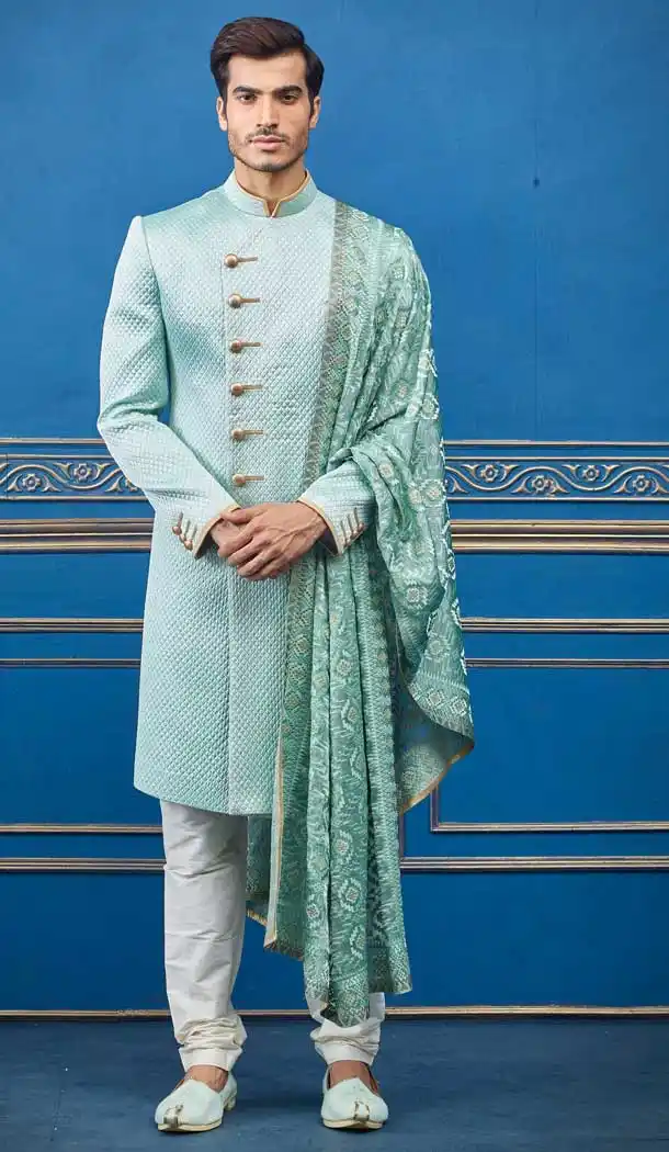 Teal Color Imported Heavy Bridal Wedding Wear Men Premium Sherwani -8693104340