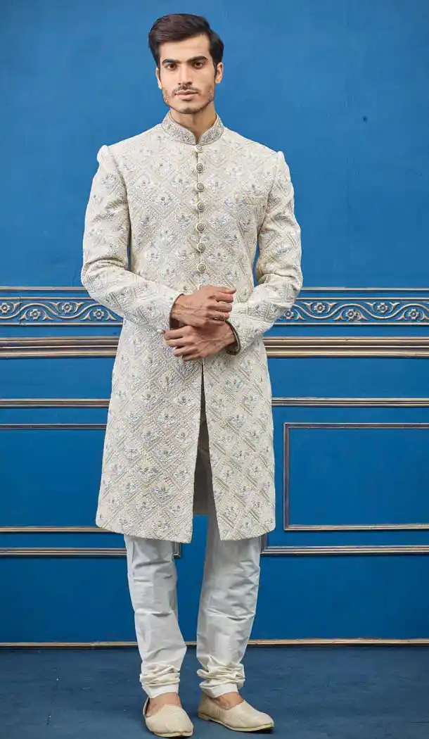 Splendorous Cream Color Printed Silk Heavy Bridal Wedding Wear Men Premium Sherwani -8693104343