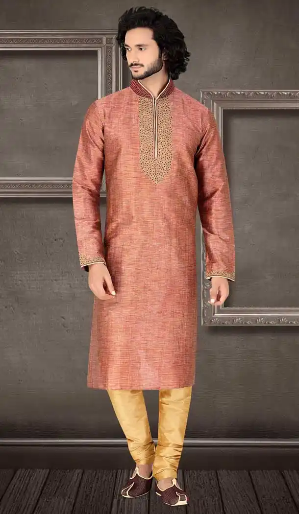 Rust Color Blended Silk Readymade Fency Kurta Pajama For Men -8648103950