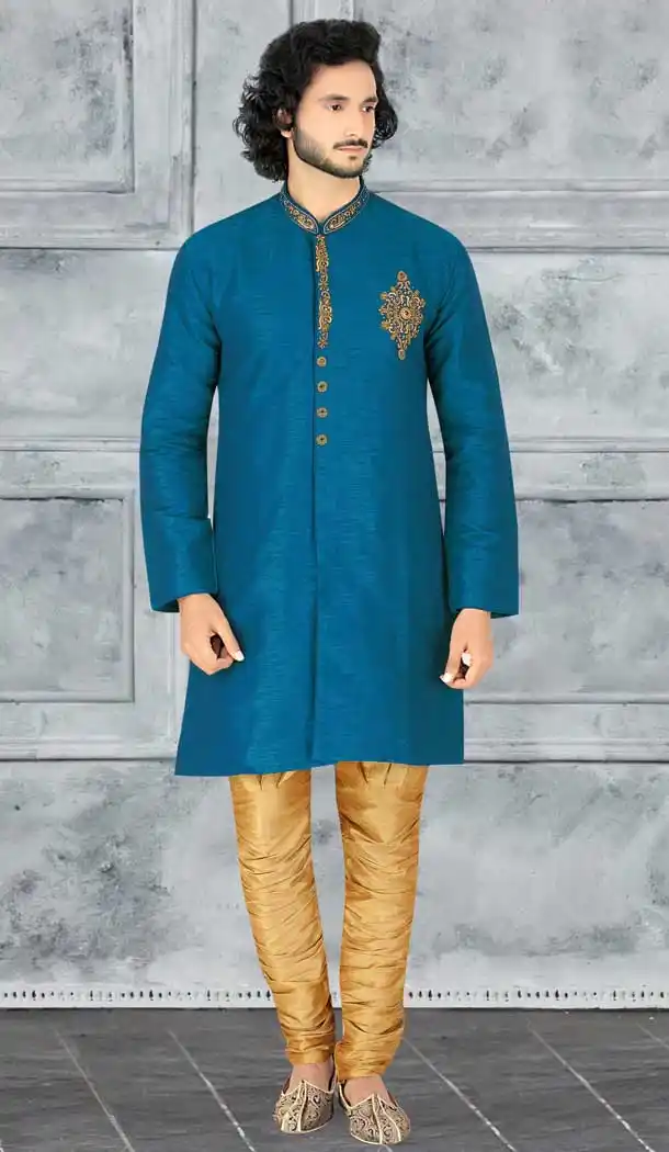 Pretty Blue Color Jacquard Readymade Fency Kurta Pajama For Men -8648103952
