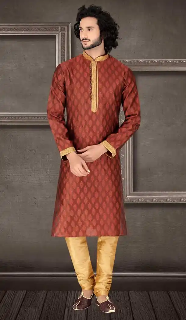 Scintillating Maroon Color Jacquard Readymade Fancy Kurta Pajama For Men -8648103956