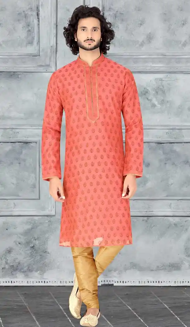 Scintillating Rust Color Block Printed Kora Readymade Fancy Kurta Pajama For Men -8648103960