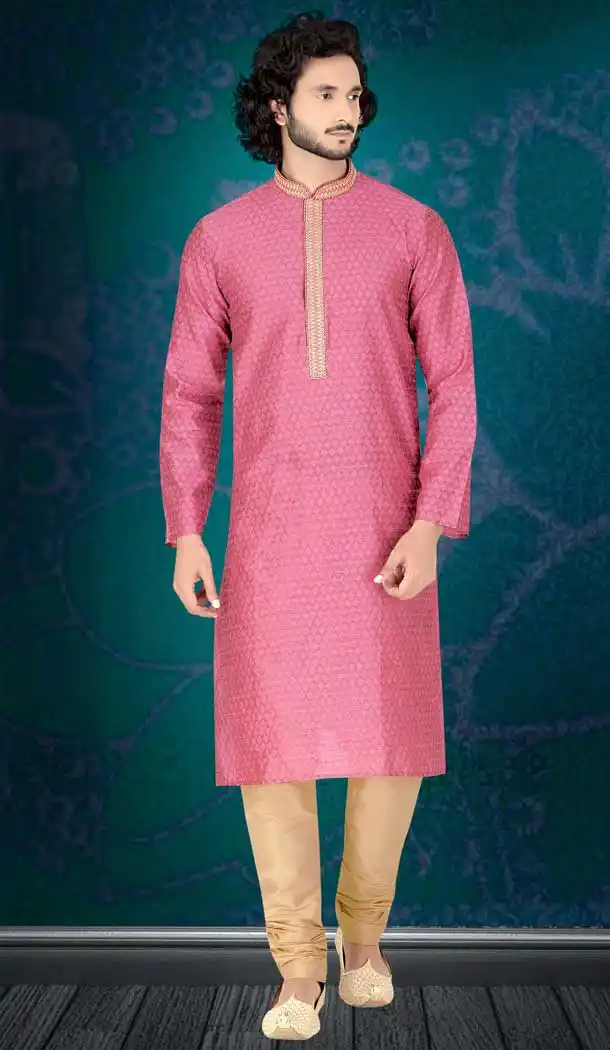 Pink Color Jacquard Readymade Fancy Kurta Pajama For Men -8648103963