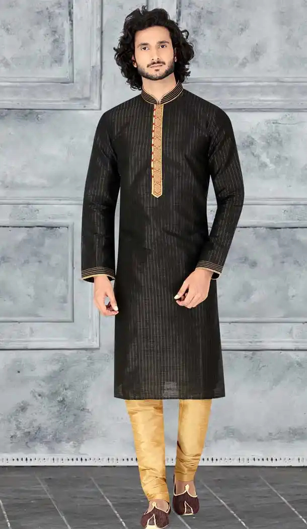 Adorable Black Color Poly Silk Readymade Fancy Kurta Pajama For Men -8648103964