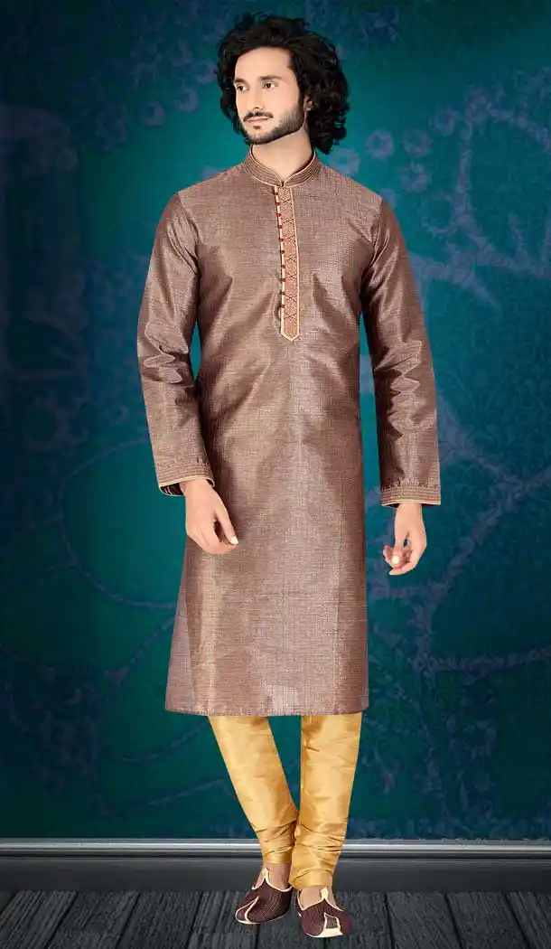 Alluring Brown Color Poly Silk Readymade Fancy Kurta Pajama For Men -8648103965