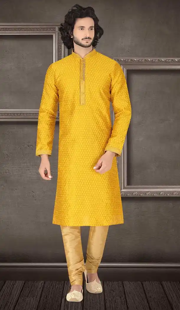 Contemporary Mustard Color Jacquard Readymade Fancy Kurta Pajama For Men -8648103968