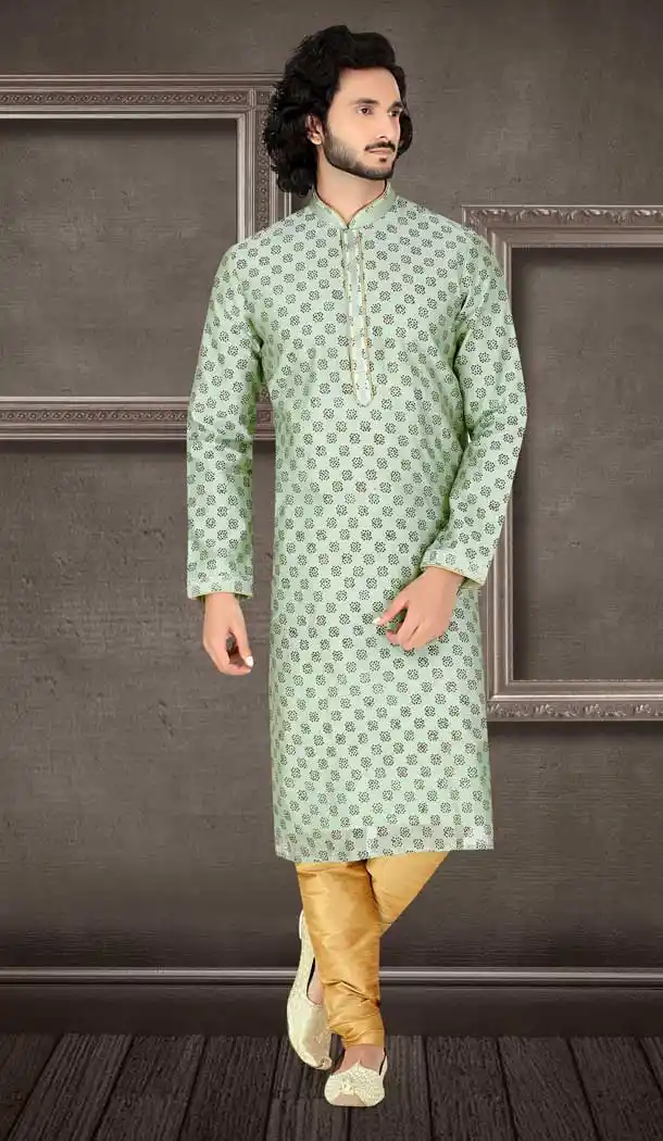 Sea Green Color Block Printed Kora Readymade Fancy Kurta Pajama For Men -8648103969