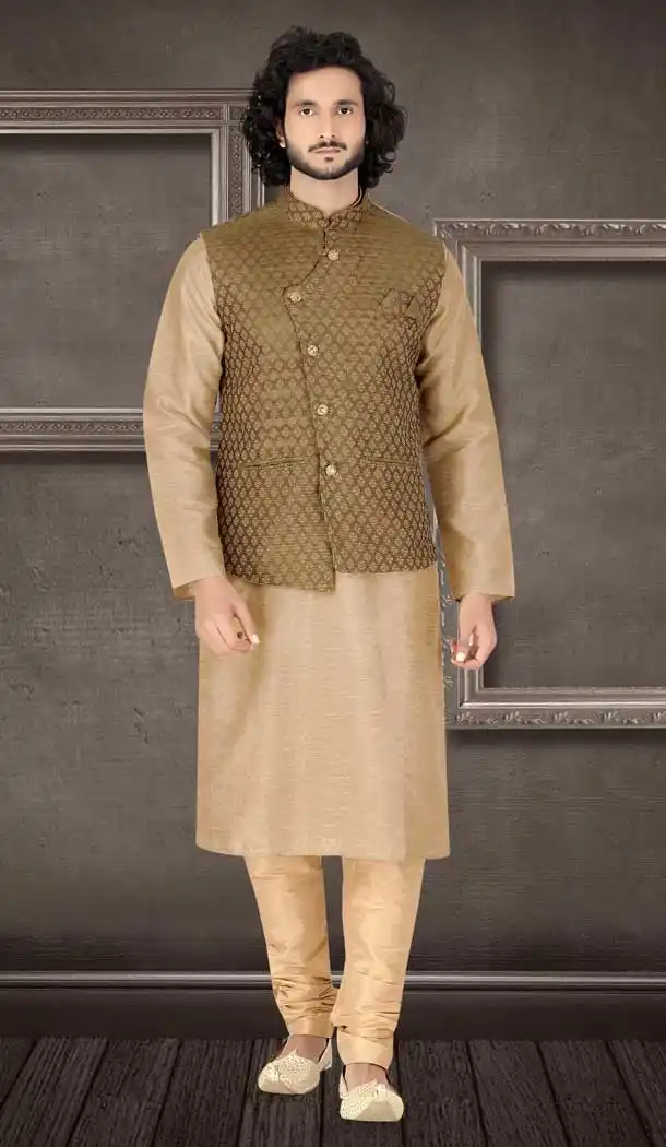Charming Fawn Color Poly Silk Readymade Fancy Kurta Pajama For Men -8648103973