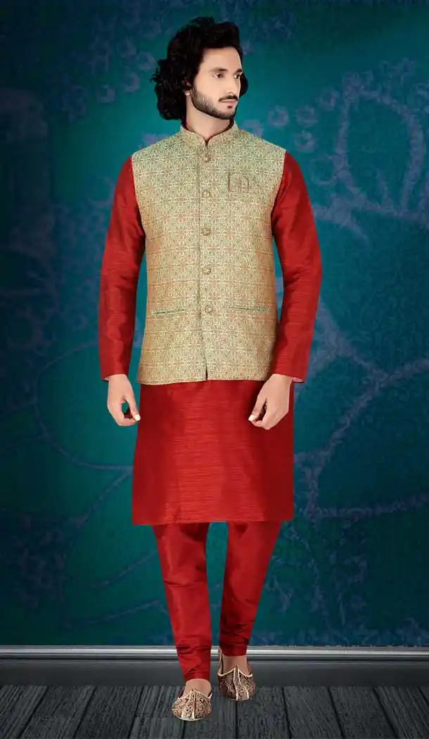 Ethnic Red Color Poly Silk Readymade Fancy Kurta Pajama For Men -8648103974