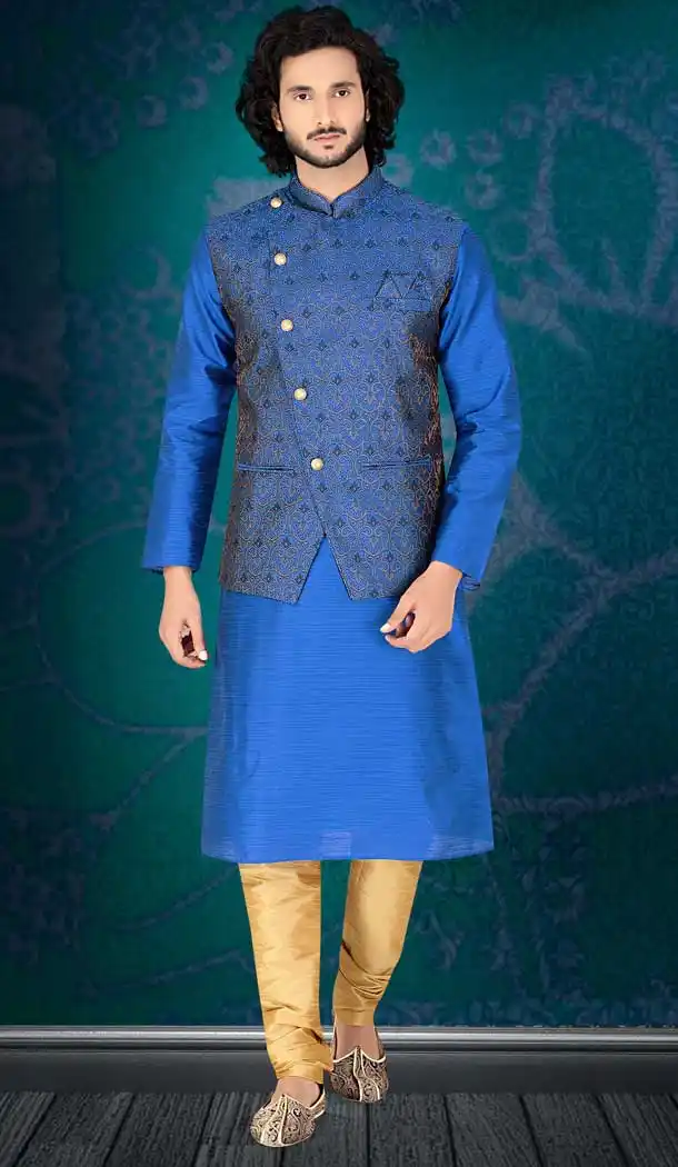 Contemporary Blue Color Poly Silk Readymade Fancy Kurta Pajama For Men -8648103976