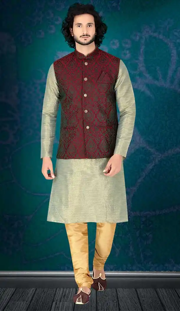 Flamboyant Sea Green Color Poly Silk Readymade Fancy Kurta Pajama For Men -8648103979