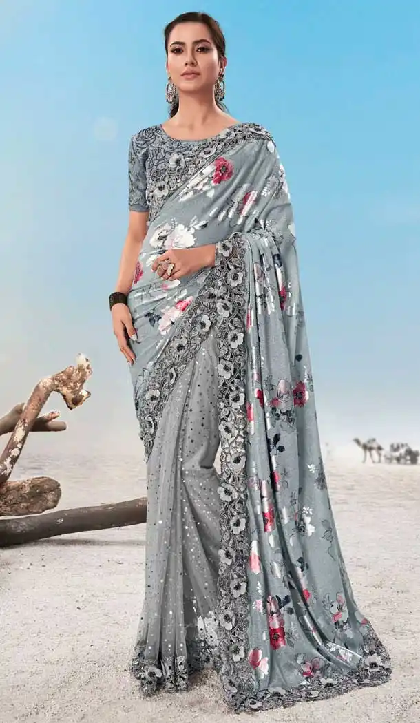 Contemporary Grey Color Digital Print Designer Bridal Wedding Wear Saree -8696104368