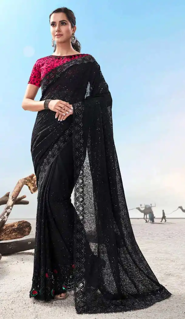 Unique Black Color Imported Fabric Designer Bridal Wedding Wear Saree -8696104370