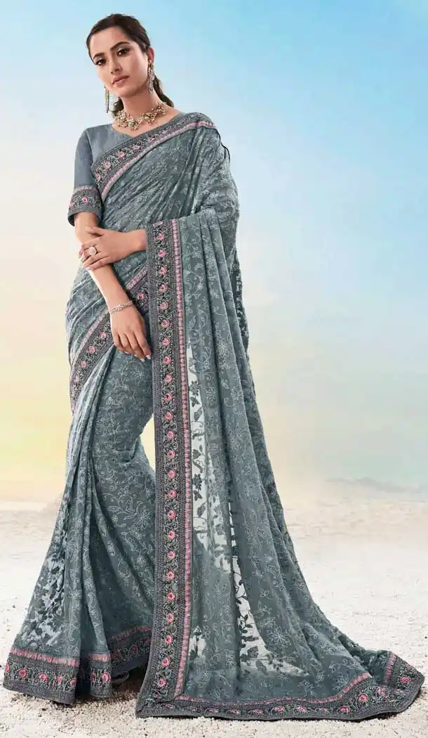 Grey Color Pure Georgette Designer Bridal Wedding Wear Saree -8696104372