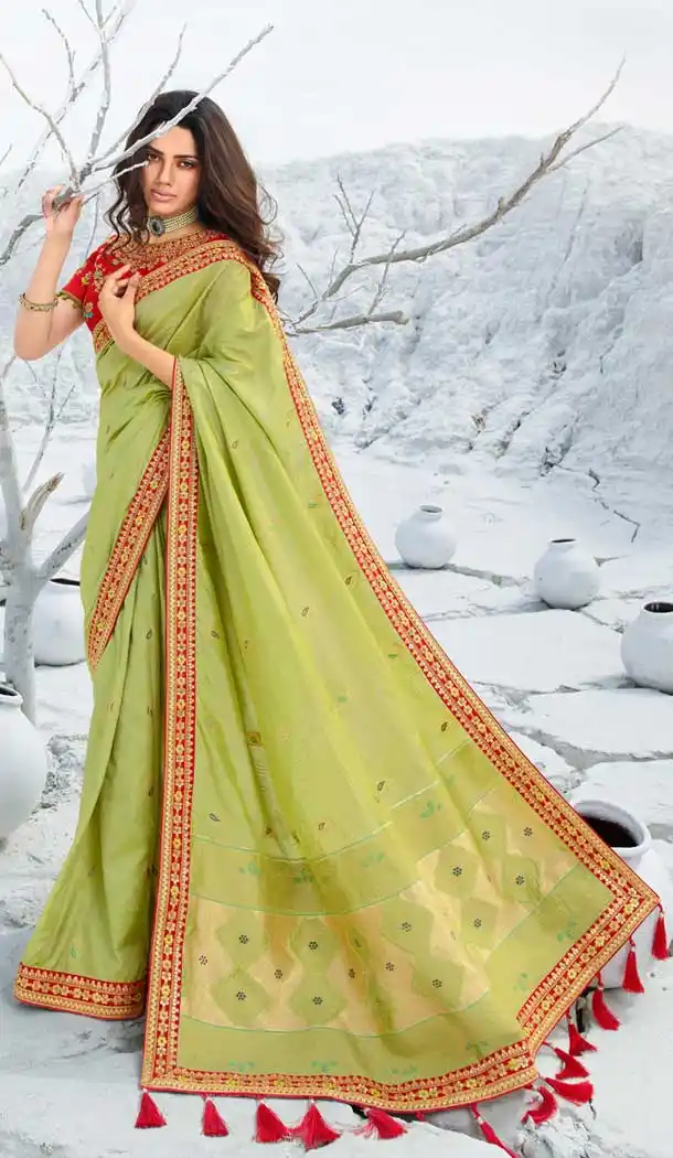 Lemon Green Color Silk Heavy Designer Traditional Wear Saree Blouse -8698104395