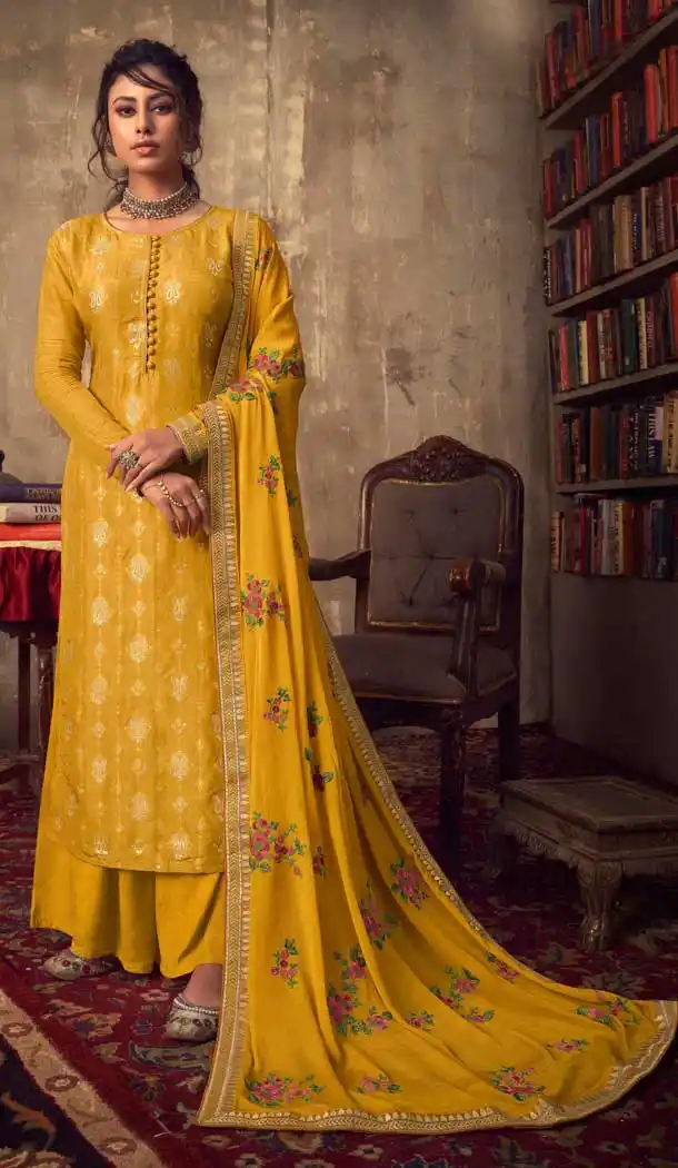 Yellow Color Pure Viscose Jacquard Designer Party Wear Palazzo Suit -8701104417