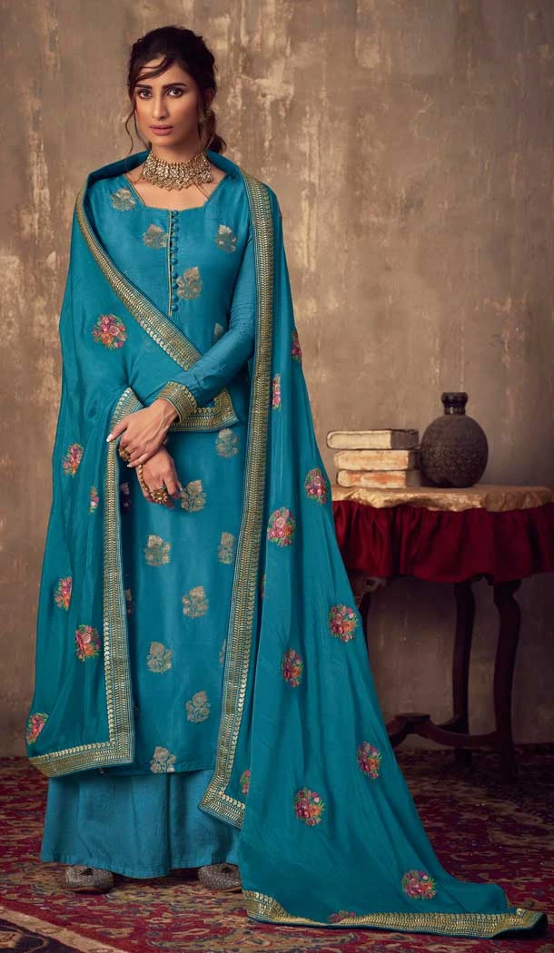 Blue Color Pure Viscose Jacquard Designer Party Wear Palazzo Suit -8701104418