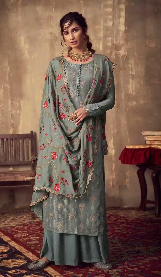 Grey Color Pure Viscose Jacquard Designer Party Wear Palazzo Suit -8701104419