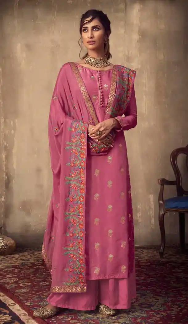Old Rose Color Pure Viscose Jacquard Designer Party Wear Palazzo Suit -8701104420