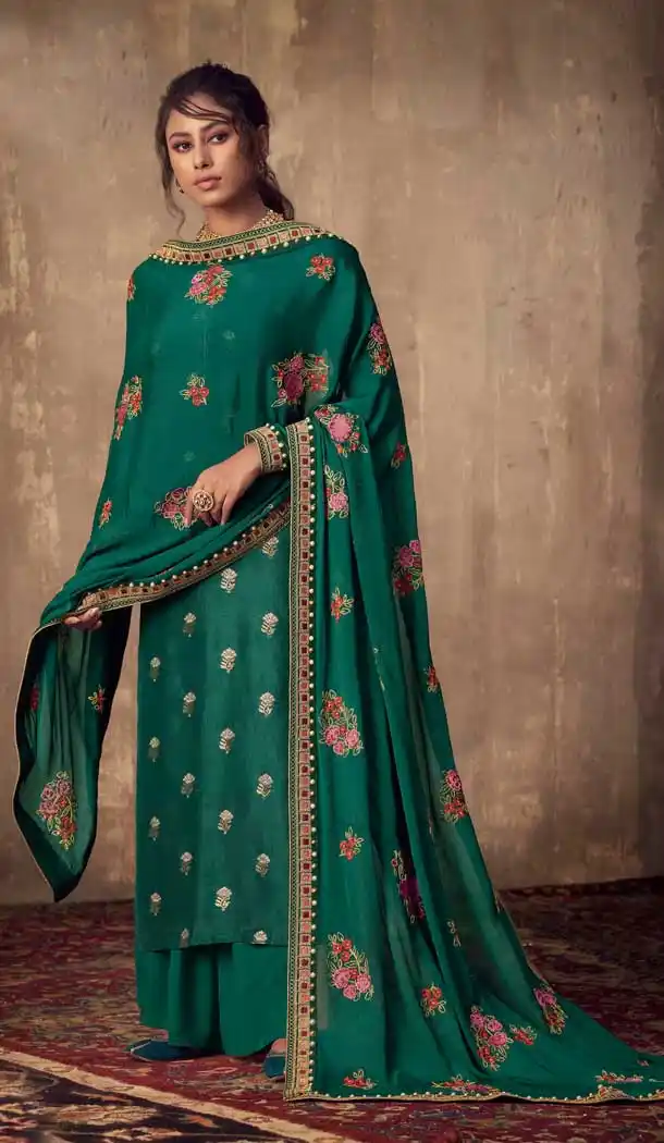 Majestic Green Color Pure Viscose Jacquard Designer Party Wear Palazzo Suit -8701104421