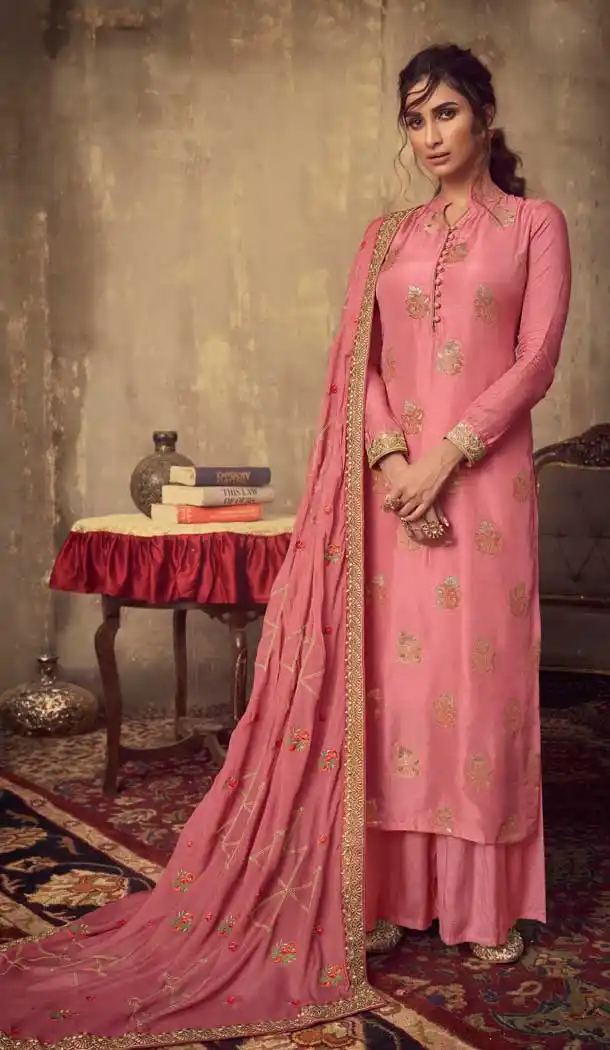 Light Pink Color Pure Viscose Jacquard Designer Party Wear Palazzo Suit -8701104424