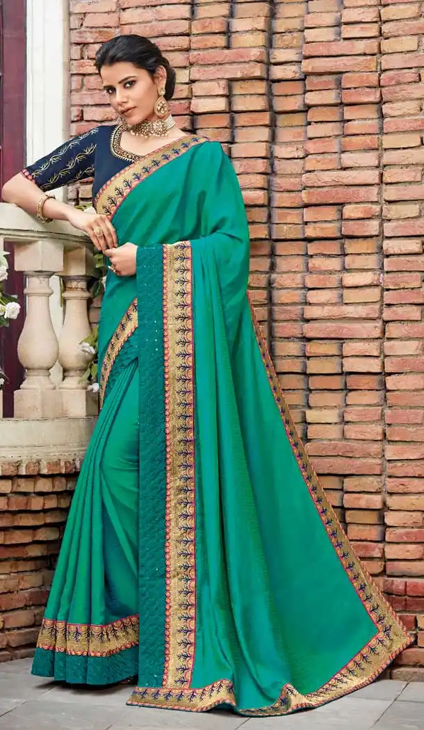 Rama Green Color Silk Heavy Embroidery Designer Party Wear Saree Blouse -8704104436