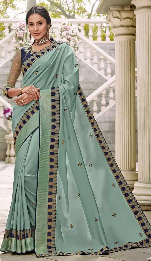 Light Teal Color Silk Heavy Embroidery Designer Party Wear Saree Blouse -8704104439