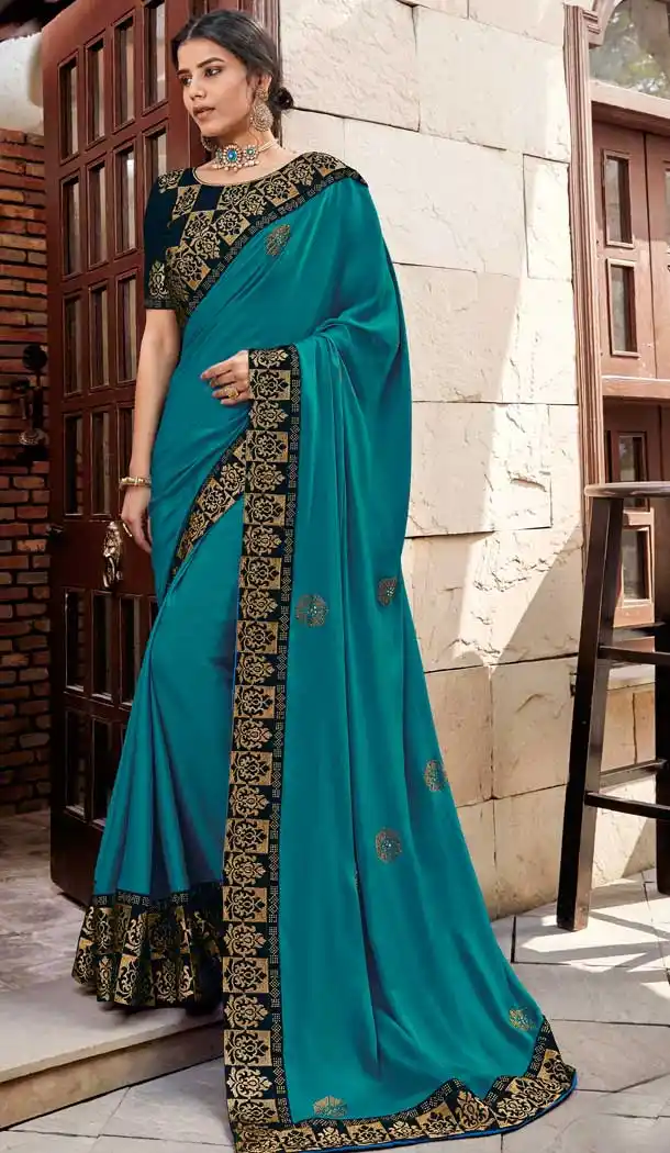 Teal Blue Color Silk Heavy Embroidery Designer Party Wear Saree Blouse -8704104445