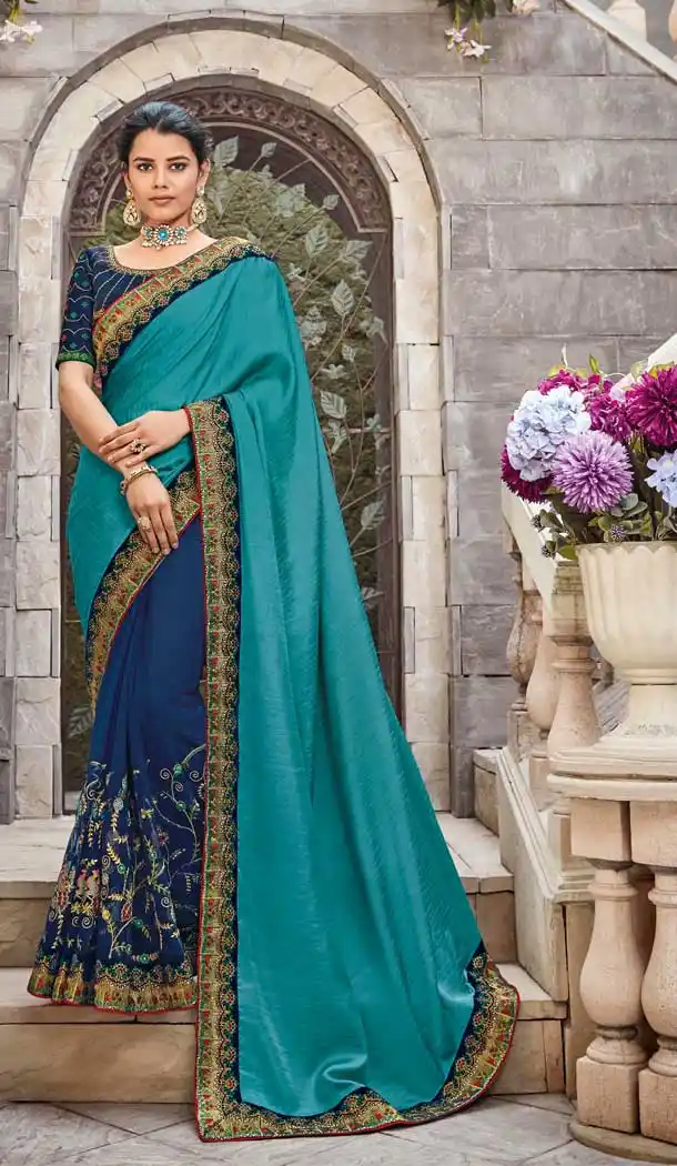 Blue Color Silk Heavy Embroidery Designer Party Wear Saree Blouse -8704104449