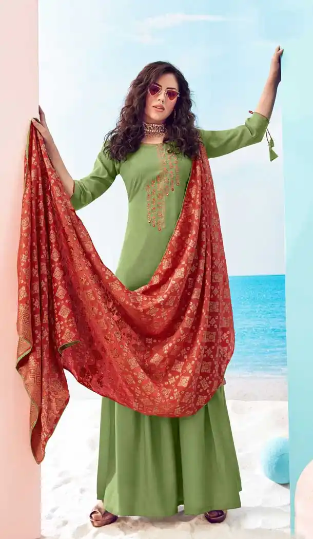 Green Color Pure Viscose Maslin Casual Party Wear Palazzo Suit -8721104543