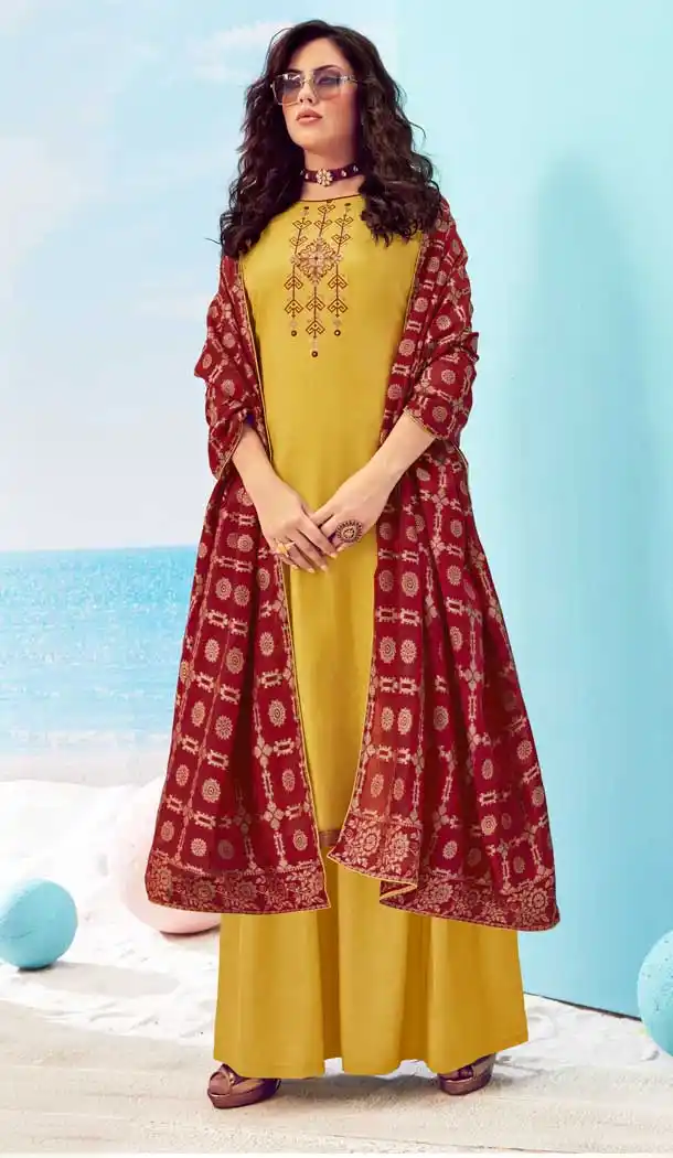 Yellow Color Pure Viscose Maslin Casual Party Wear Palazzo Suit -8721104544